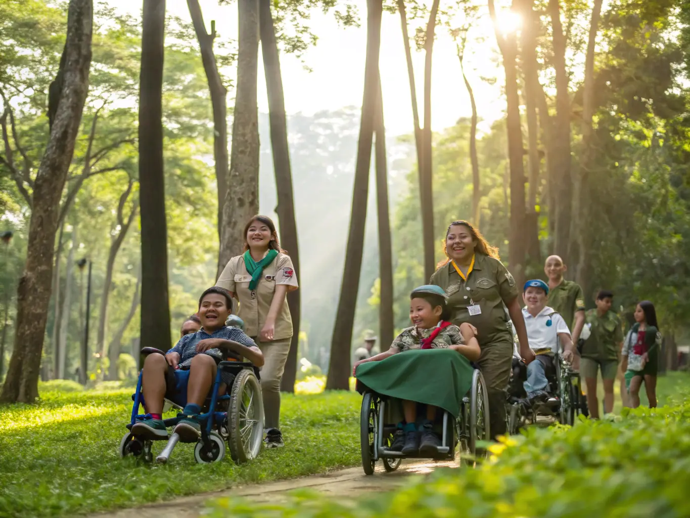 A photograph depicting a group of individuals with disabilities participating in a recreational activity, showcasing social inclusion and community engagement.