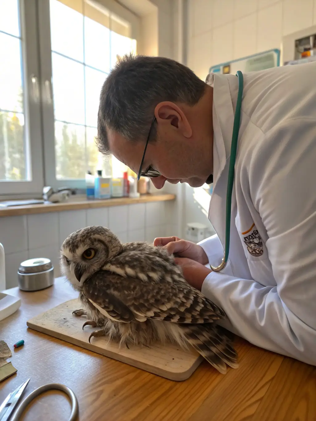 A photograph of a hedgehog being carefully examined by a veterinarian at the ATOUPIC care center, showcasing the medical attention provided to injured animals.
