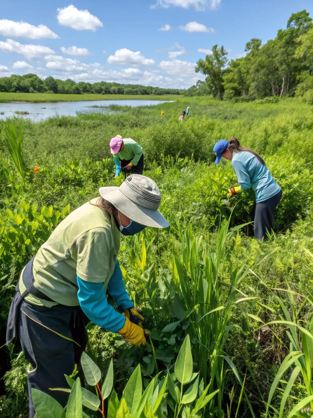 A group of volunteers planting native shrubs and creating hedgehog-friendly habitats in a local park, demonstrating ATOUPIC's conservation efforts.